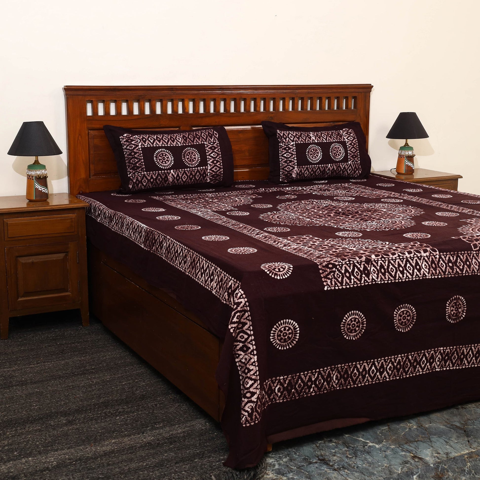 Brown - Cotton Double Hand Batik Print Bed Sheet Set 31