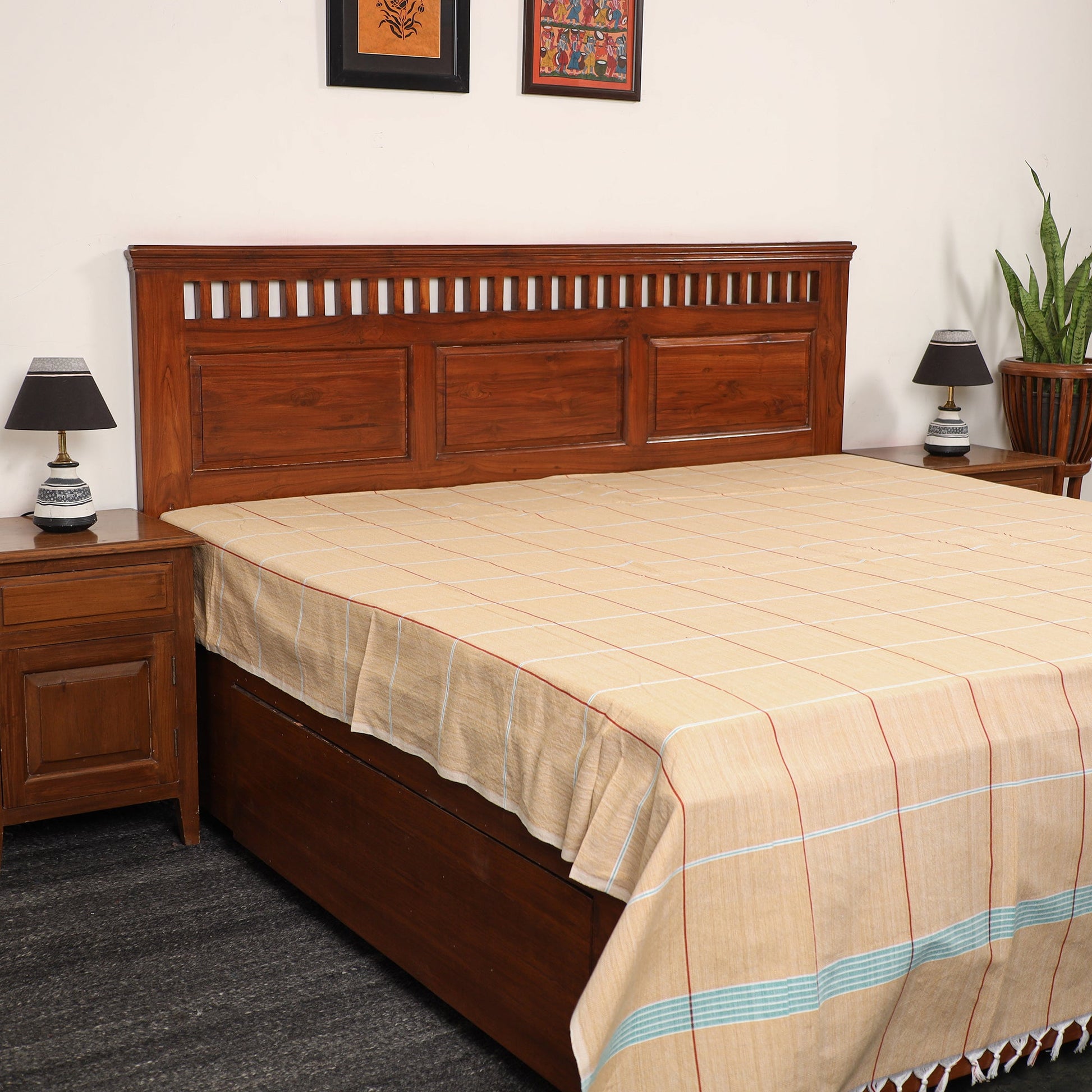Beige - Pure Handloom Cotton Double Bed Cover (108 x 90 in) 07
