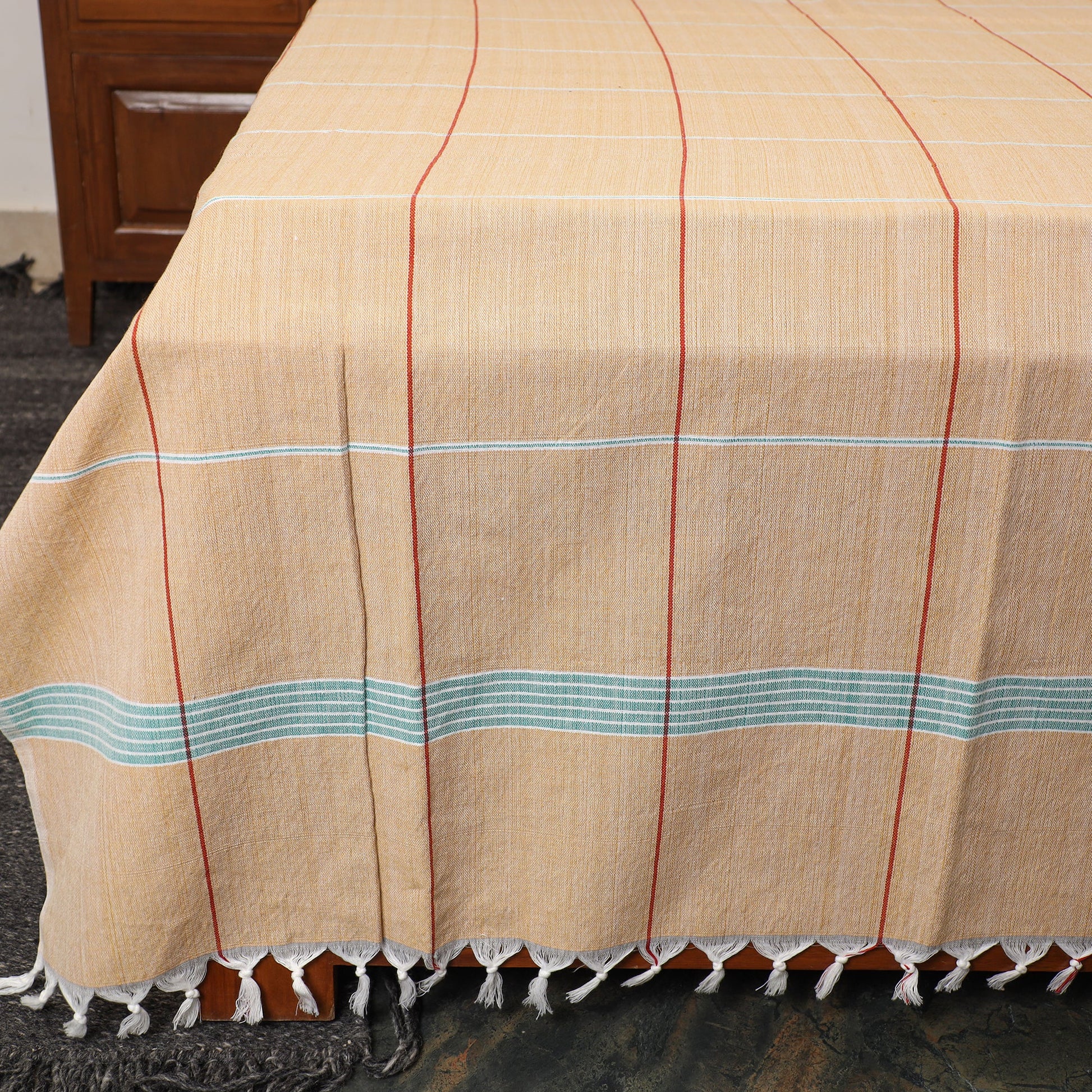 Beige - Pure Handloom Cotton Double Bed Cover (108 x 90 in) 07