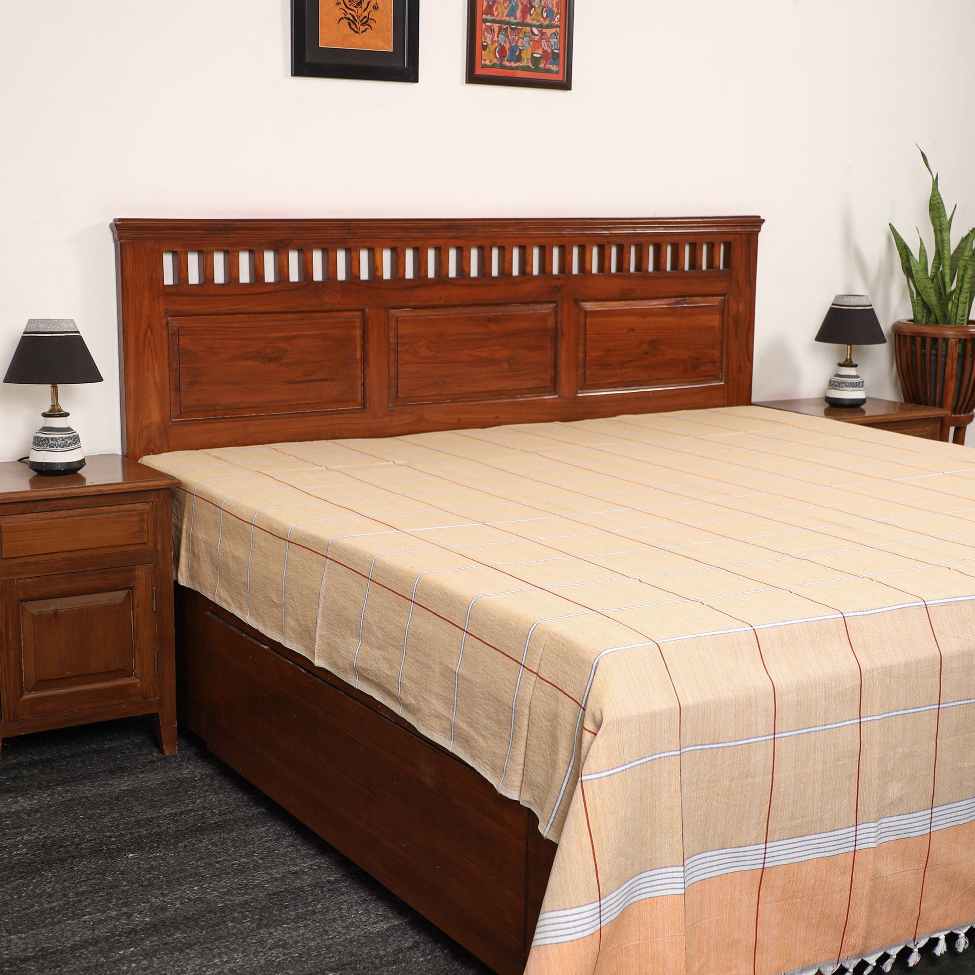Beige - Pure Handloom Cotton Double Bed Cover (108 x 90 in) 11