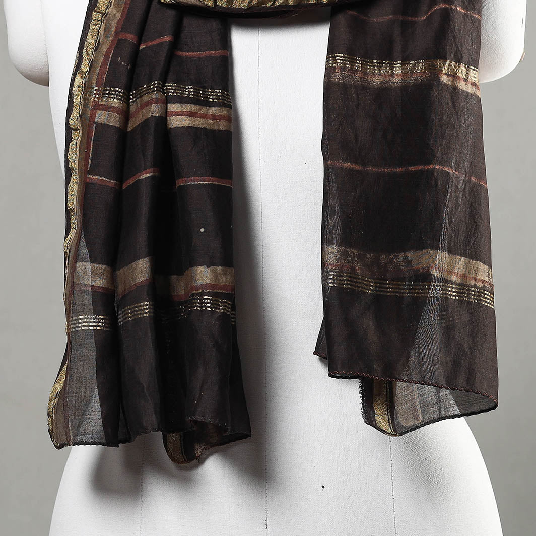 Brown - Akola Block Printed Chanderi Silk Handloom Stole with Zari Border