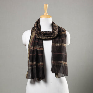 Brown - Akola Block Printed Chanderi Silk Handloom Stole with Zari Border