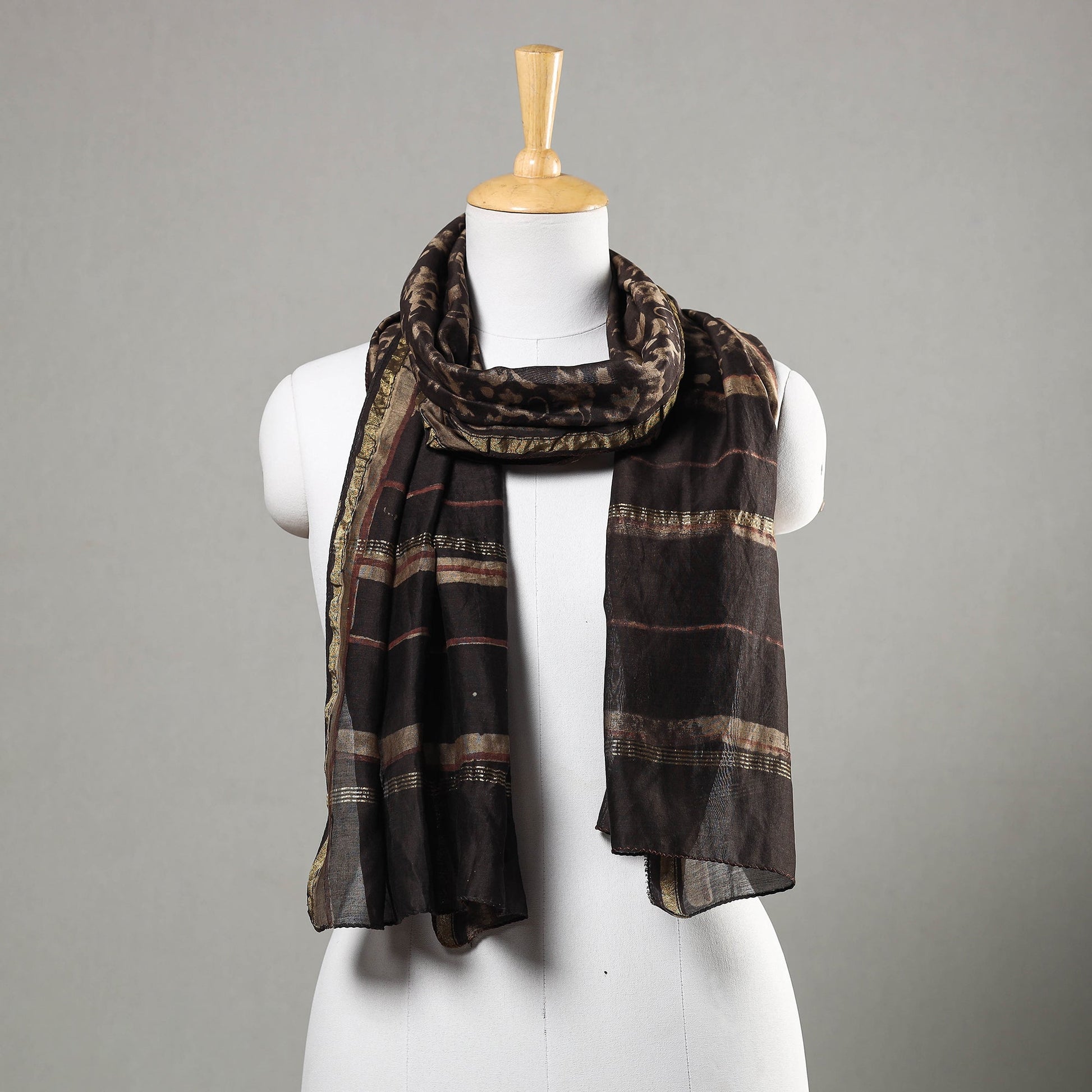 Brown - Akola Block Printed Chanderi Silk Handloom Stole with Zari Border
