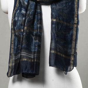 Blue - Akola Block Printed Chanderi Silk Handloom Stole with Zari Border