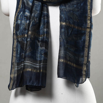 Blue - Akola Block Printed Chanderi Silk Handloom Stole with Zari Border