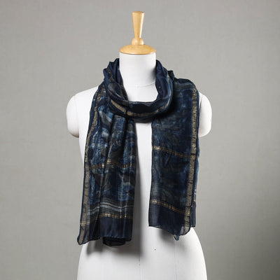 Blue - Akola Block Printed Chanderi Silk Handloom Stole with Zari Border