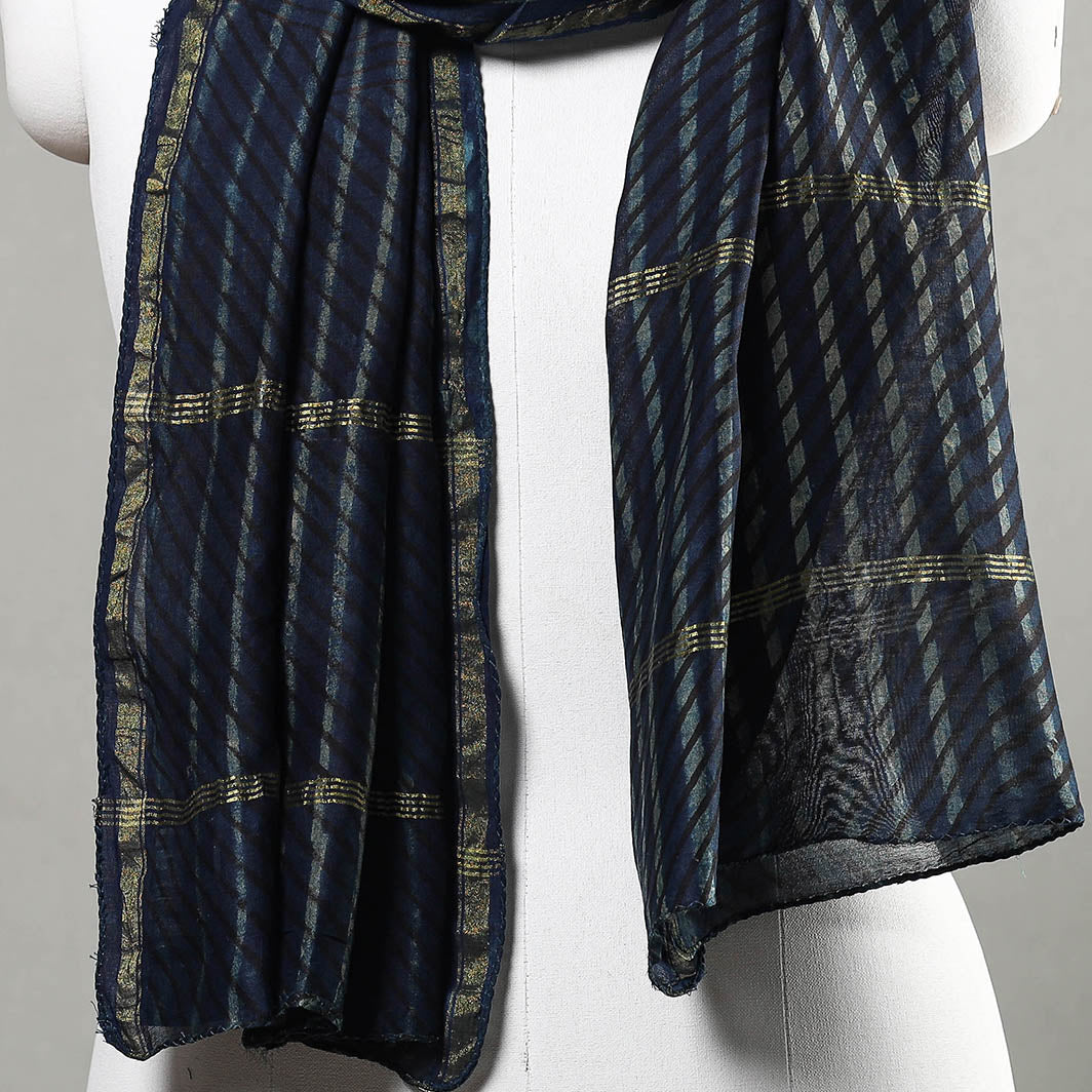 Blue - Akola Block Printed Chanderi Silk Handloom Stole with Zari Border