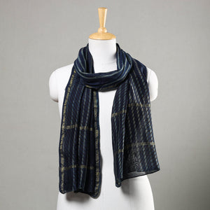 Blue - Akola Block Printed Chanderi Silk Handloom Stole with Zari Border