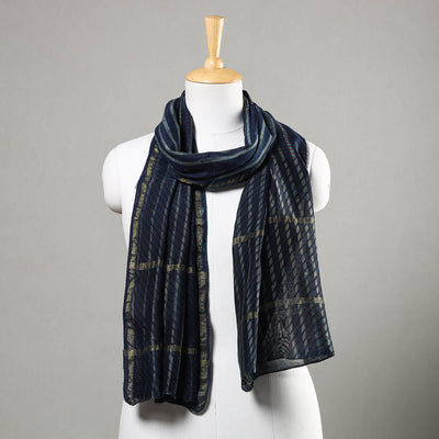 Blue - Akola Block Printed Chanderi Silk Handloom Stole with Zari Border