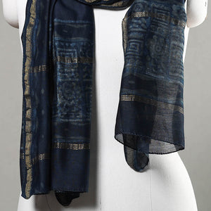 Blue - Akola Block Printed Chanderi Silk Handloom Stole with Zari Border