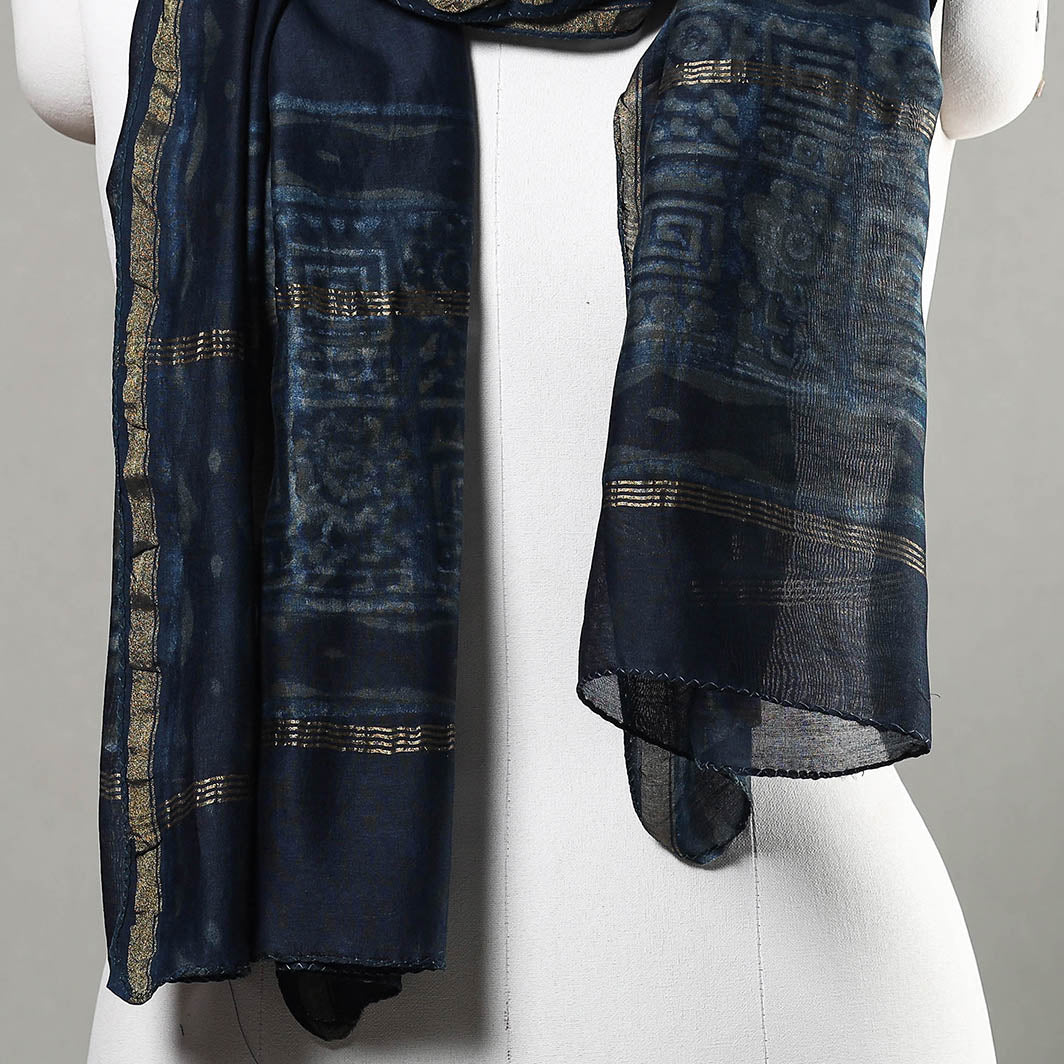 Blue - Akola Block Printed Chanderi Silk Handloom Stole with Zari Border