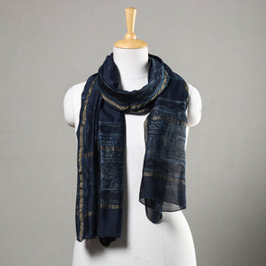 Blue - Akola Block Printed Chanderi Silk Handloom Stole with Zari Border