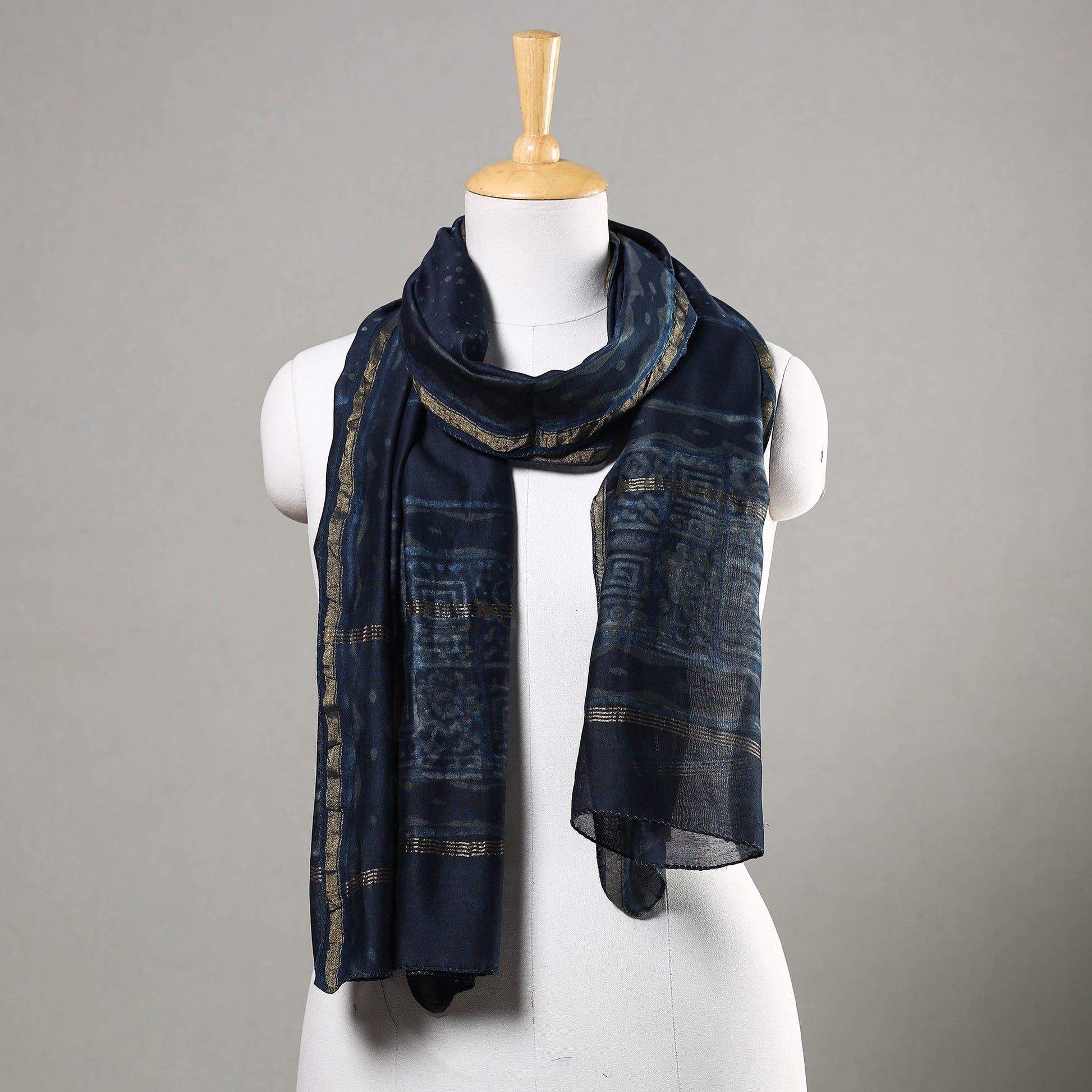 Blue - Akola Block Printed Chanderi Silk Handloom Stole with Zari Border