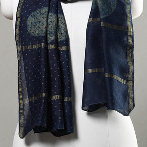 Blue - Akola Block Printed Chanderi Silk Handloom Stole with Zari Border