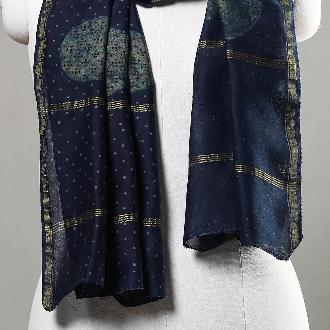 Blue - Akola Block Printed Chanderi Silk Handloom Stole with Zari Border