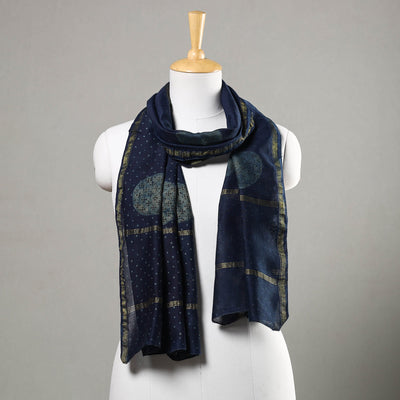 Blue - Akola Block Printed Chanderi Silk Handloom Stole with Zari Border