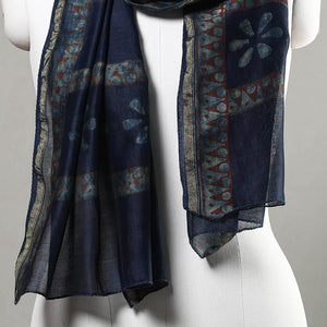 Blue - Akola Block Printed Chanderi Silk Handloom Stole with Zari Border
