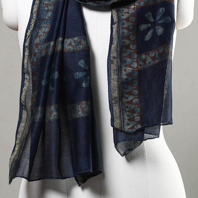 Blue - Akola Block Printed Chanderi Silk Handloom Stole with Zari Border