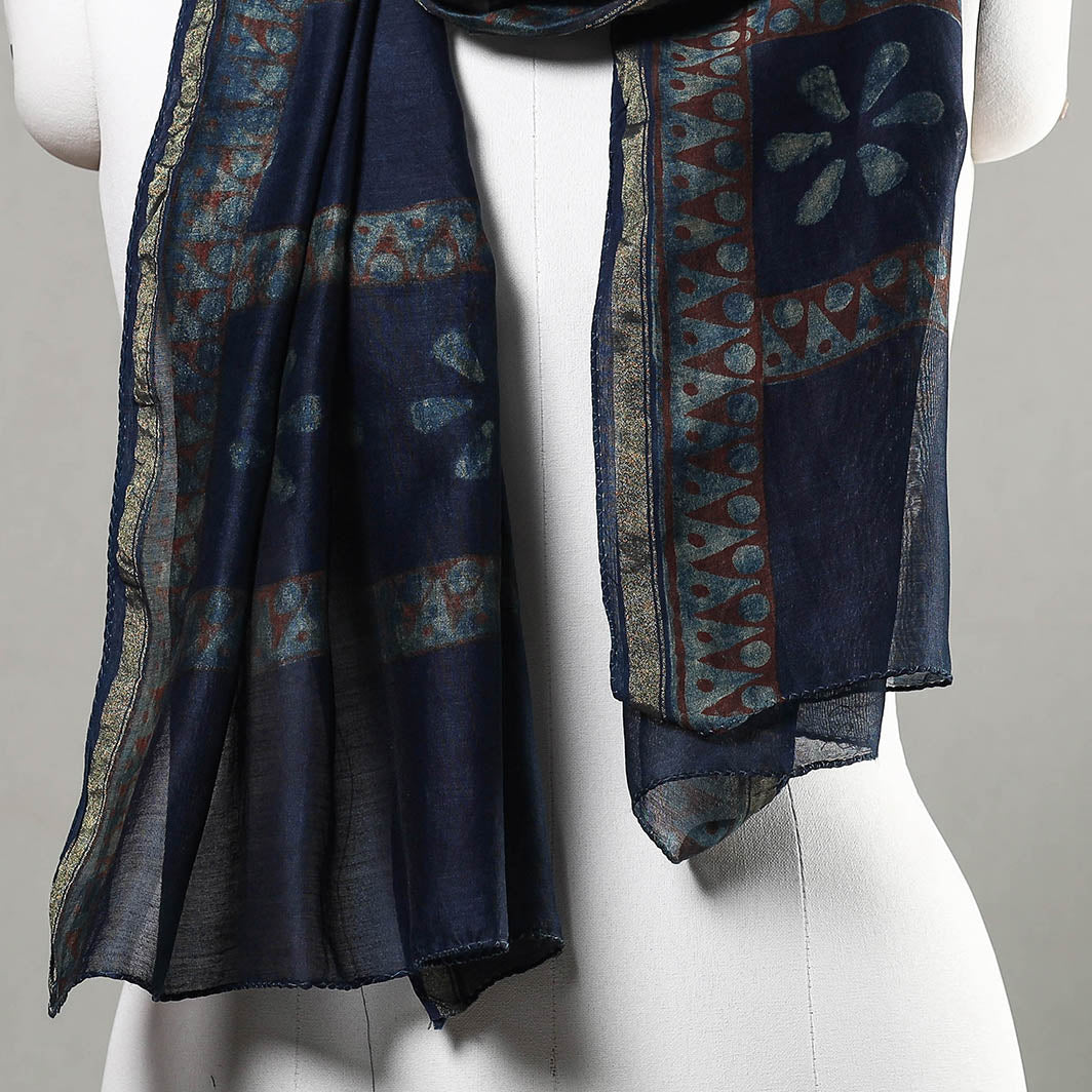 Blue - Akola Block Printed Chanderi Silk Handloom Stole with Zari Border