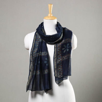 Blue - Akola Block Printed Chanderi Silk Handloom Stole with Zari Border