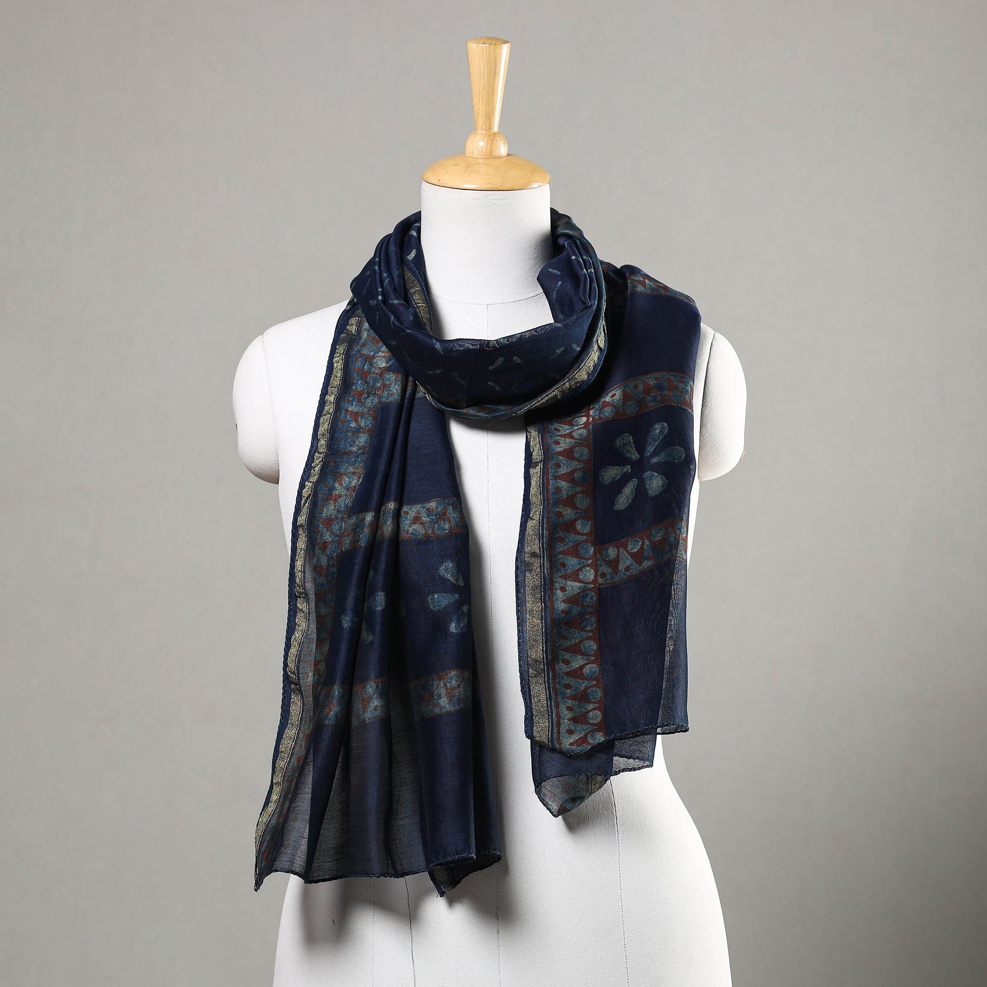Blue - Akola Block Printed Chanderi Silk Handloom Stole with Zari Border