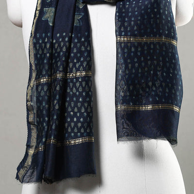 Blue - Akola Block Printed Chanderi Silk Handloom Stole with Zari Border