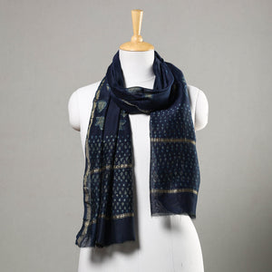 Blue - Akola Block Printed Chanderi Silk Handloom Stole with Zari Border
