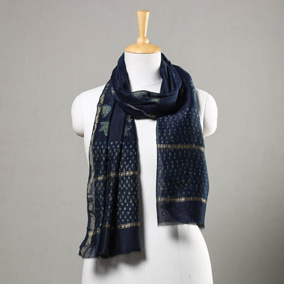 Blue - Akola Block Printed Chanderi Silk Handloom Stole with Zari Border