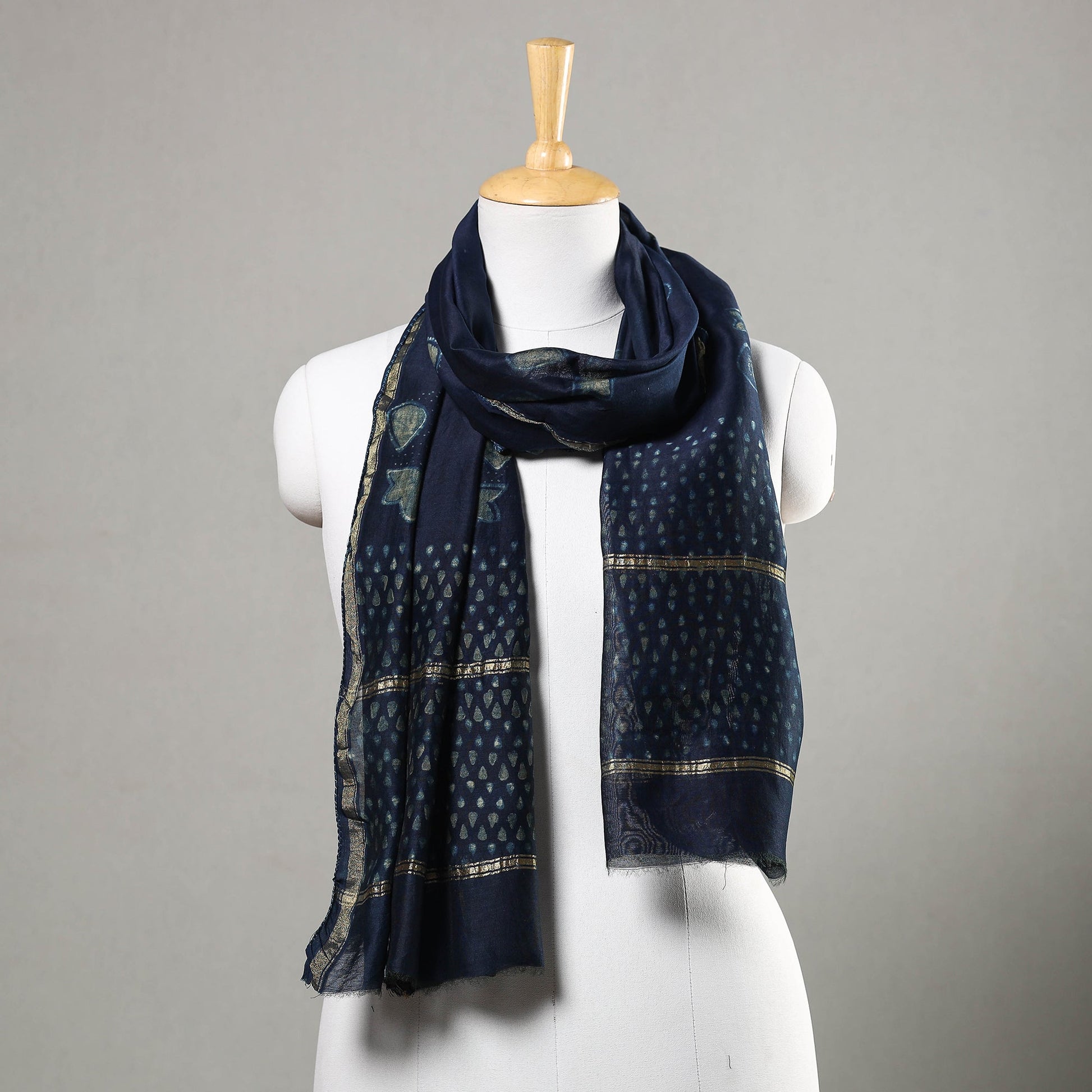 Blue - Akola Block Printed Chanderi Silk Handloom Stole with Zari Border