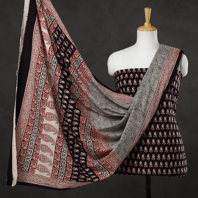 Black - 3pc Bagh Print Cotton Dress Material Set