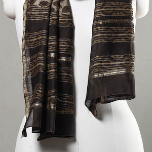 Brown - Akola Block Printed Chanderi Silk Handloom Stole with Zari Border