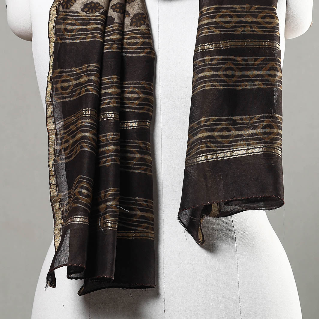 Brown - Akola Block Printed Chanderi Silk Handloom Stole with Zari Border