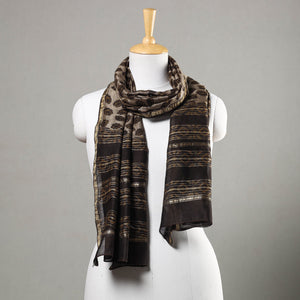 Brown - Akola Block Printed Chanderi Silk Handloom Stole with Zari Border