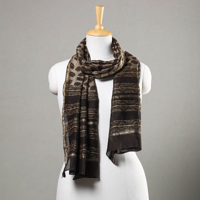 Brown - Akola Block Printed Chanderi Silk Handloom Stole with Zari Border