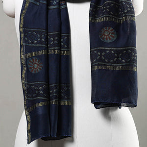 Blue - Akola Block Printed Chanderi Silk Handloom Stole with Zari Border