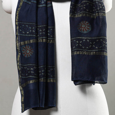 Blue - Akola Block Printed Chanderi Silk Handloom Stole with Zari Border