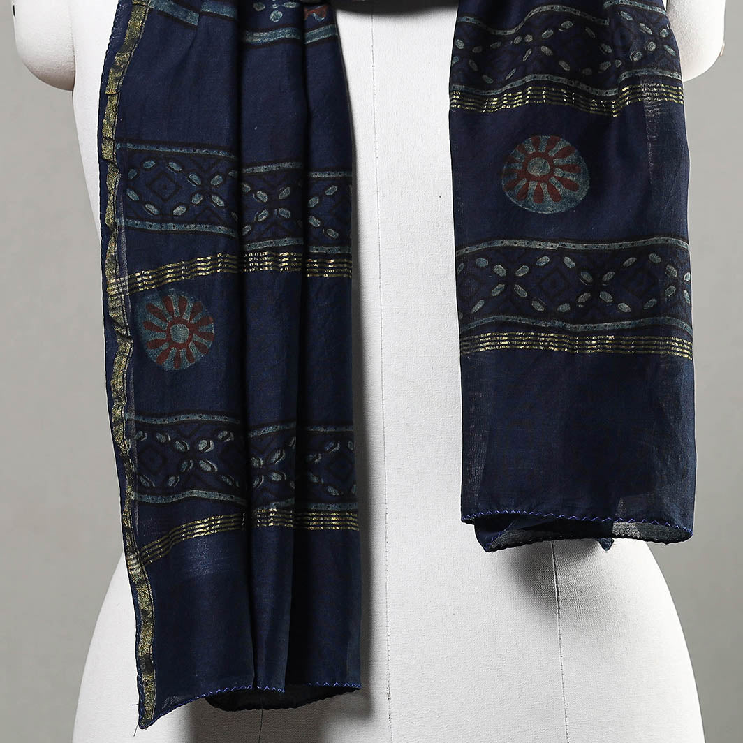 Blue - Akola Block Printed Chanderi Silk Handloom Stole with Zari Border