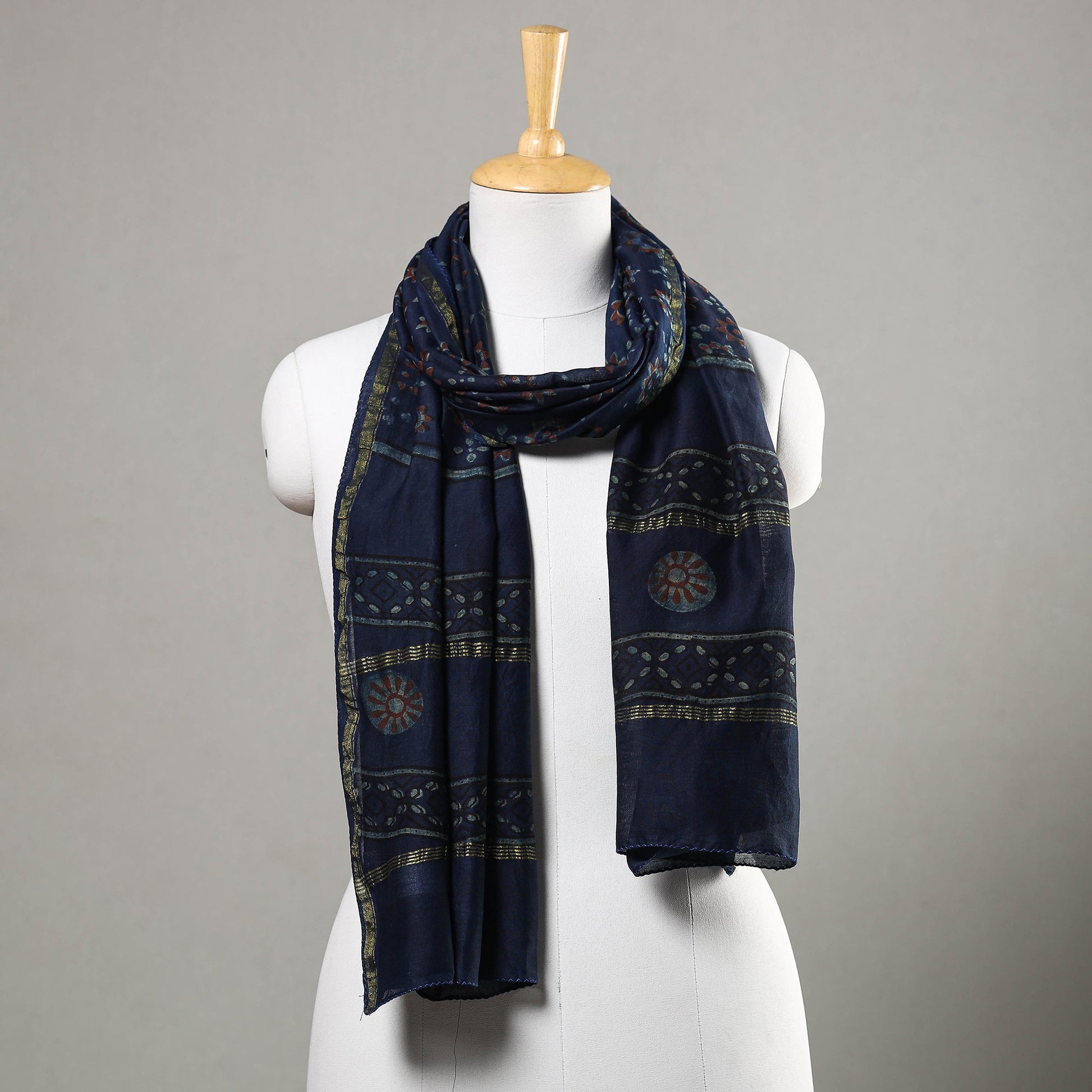Blue - Akola Block Printed Chanderi Silk Handloom Stole with Zari Border