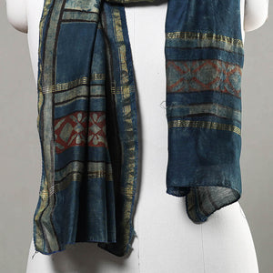 Blue - Akola Block Printed Chanderi Silk Handloom Stole with Zari Border