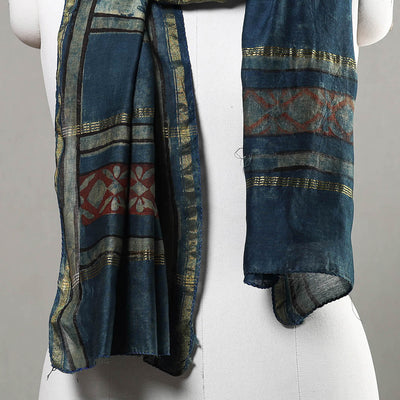 Blue - Akola Block Printed Chanderi Silk Handloom Stole with Zari Border