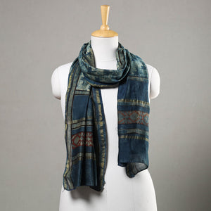 Blue - Akola Block Printed Chanderi Silk Handloom Stole with Zari Border