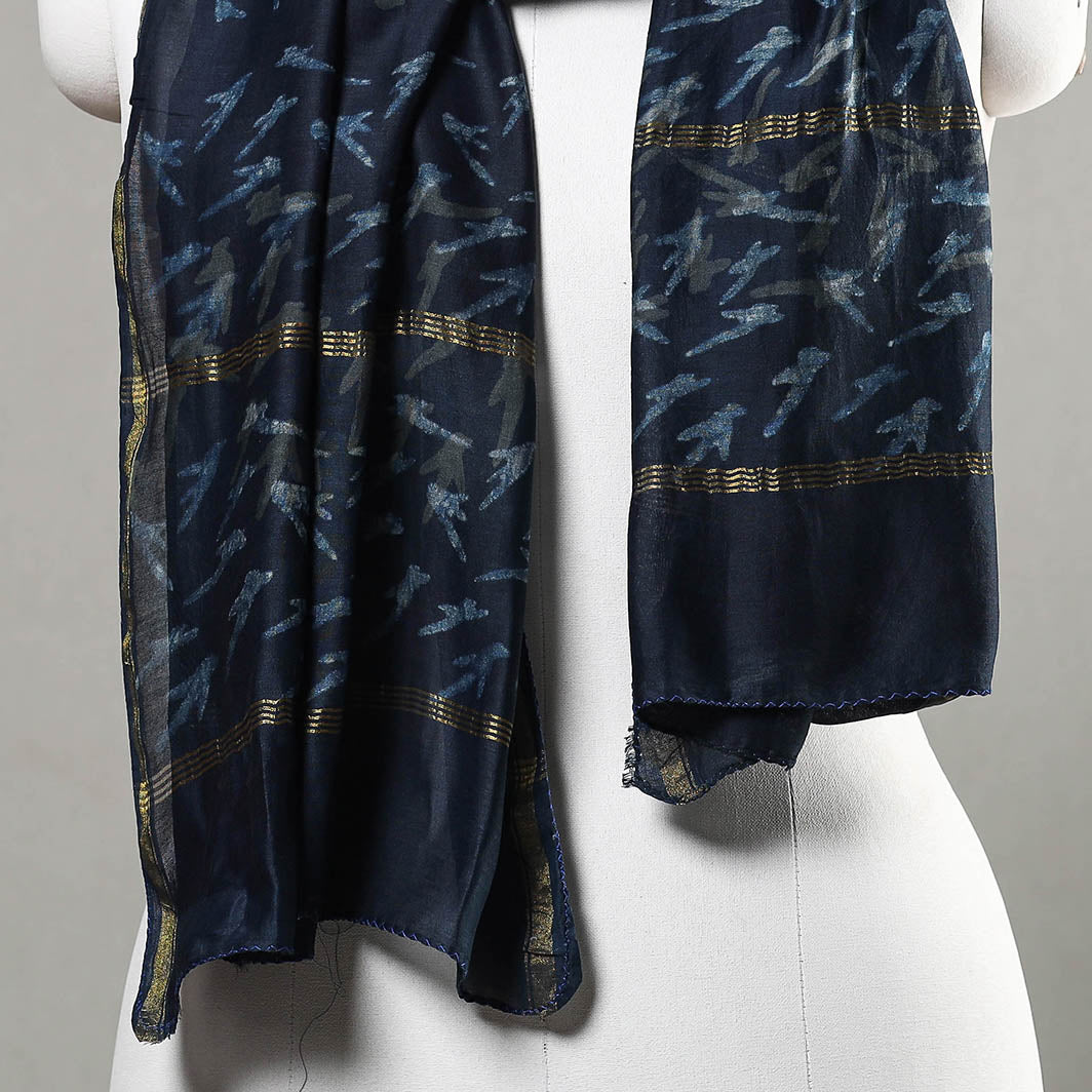 Blue - Akola Block Printed Chanderi Silk Handloom Stole with Zari Border