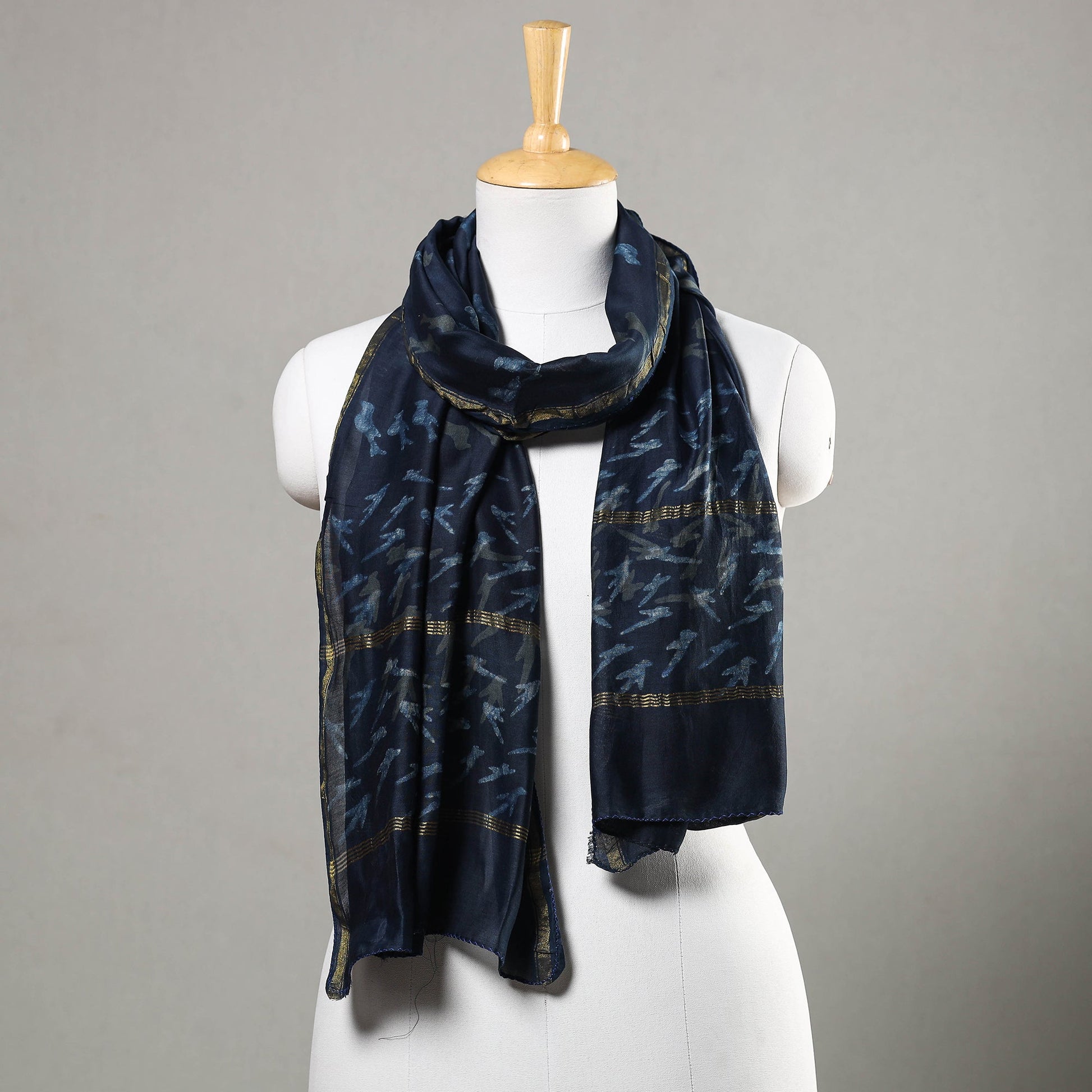 Blue - Akola Block Printed Chanderi Silk Handloom Stole with Zari Border