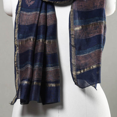 Blue - Akola Block Printed Chanderi Silk Handloom Stole with Zari Border