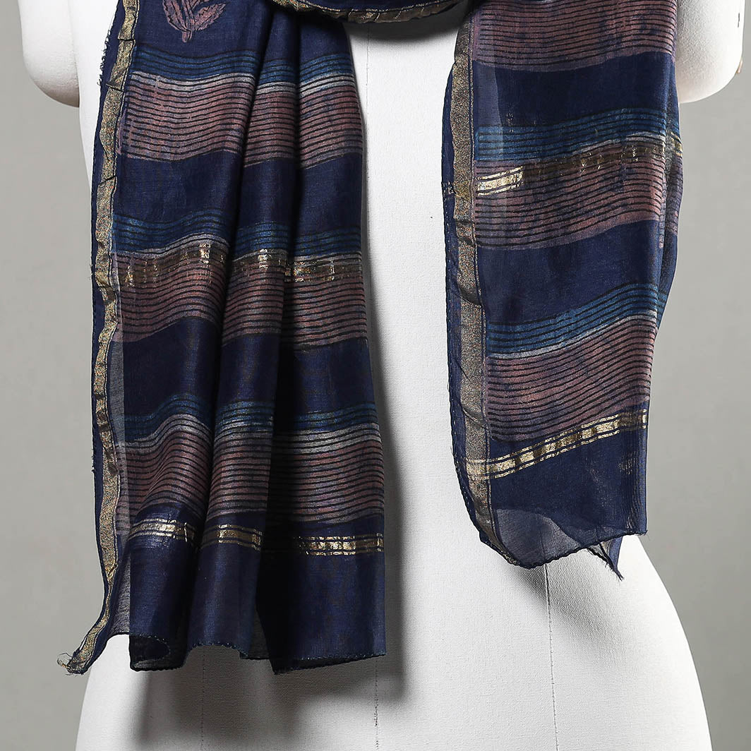 Blue - Akola Block Printed Chanderi Silk Handloom Stole with Zari Border