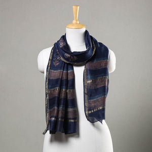 Blue - Akola Block Printed Chanderi Silk Handloom Stole with Zari Border