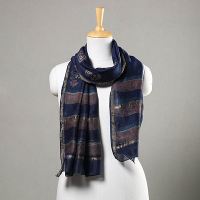 Blue - Akola Block Printed Chanderi Silk Handloom Stole with Zari Border