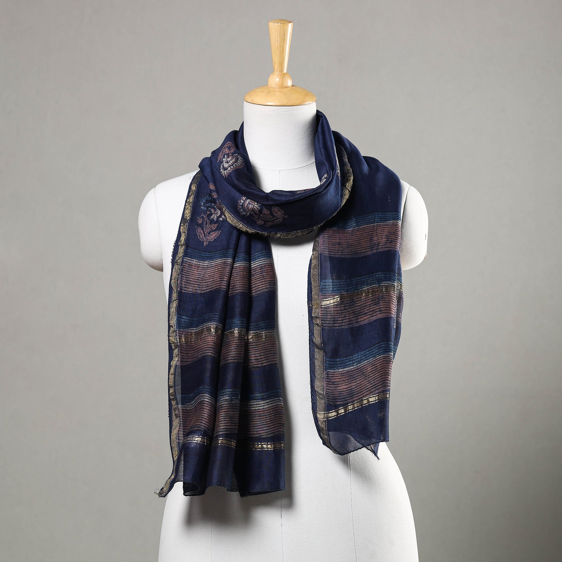 Blue - Akola Block Printed Chanderi Silk Handloom Stole with Zari Border