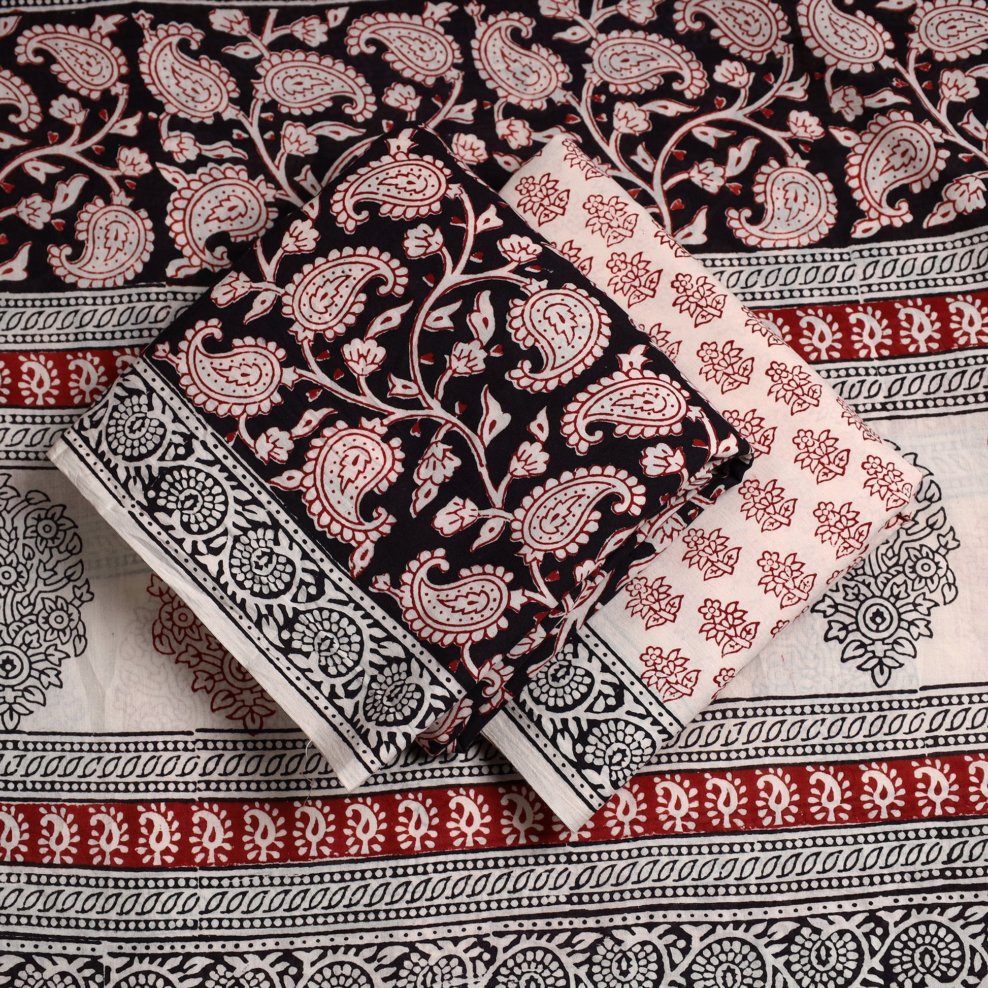 Black - 3pc Bagh Print Cotton Dress Material Set
