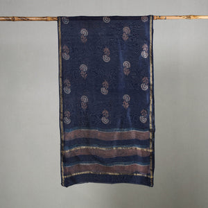 Blue - Akola Block Printed Chanderi Silk Handloom Stole with Zari Border
